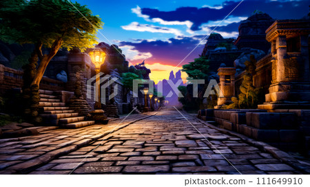 Cobblestone street with lamp post in the middle of it. 111649910