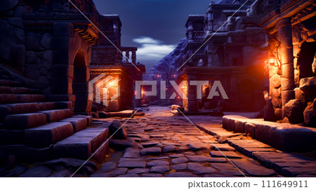 Computer generated image of street with stone buildings and stone path. 111649911