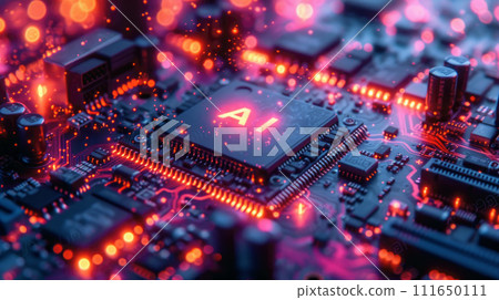 AI processor glows with neon light, microchip of artificial intelligence on pcb. Concept of chip, computer technology, circuit board, data, semiconductor, power. AI processor glows with neon light, microchip of artificial intelligence on pcb. Concept of chip, computer technology, circuit board, data, semiconductor, power. 111650111