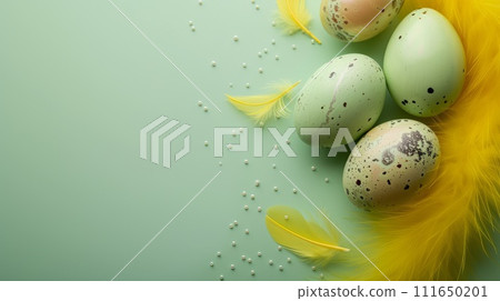 AI-generated content. Easter background yellow feathers and eggs AI-generated content. Easter background yellow feathers and eggs 111650201