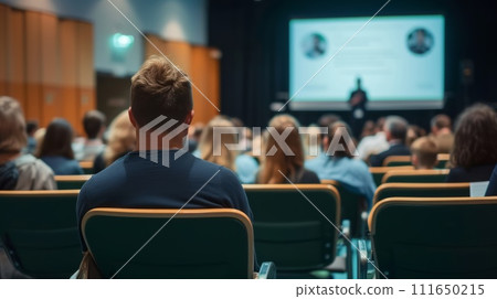 AI-generated content. People sit in the hall and look at the stage. Concept for conferences, business meetings, training for companies. 111650215