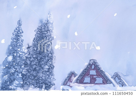 [World Heritage Site] Heavy snowfall in Shirakawa-go, Three Union Palms, Watercolor style [Gifu Prefecture] 111650450