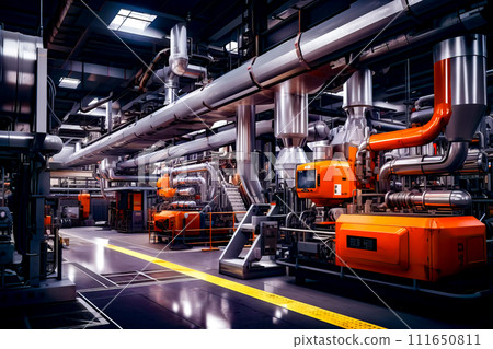 Large industrial building with orange pipes and pipes on the walls and floor. 111650811