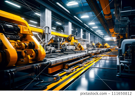 Factory with conveyor belt and lot of machines in it. Factory with conveyor belt and lot of machines in it. 111650812