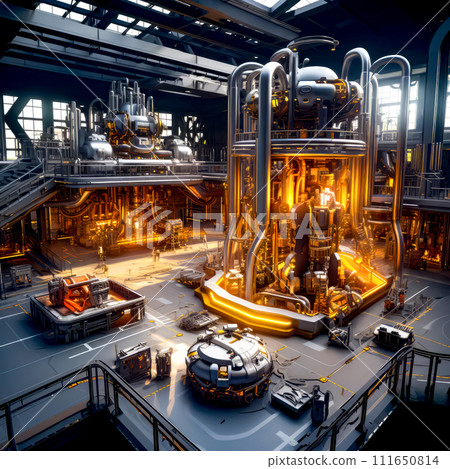 Large factory with lot of machines and cars parked in front of it. 111650814