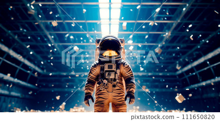 Astronaut in space suit standing in front of large amount of debris. 111650820
