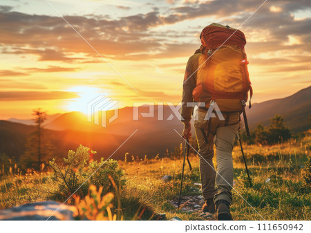 AI-generated content. A man hiking in the mountains during the sunset with a backpack 111650942