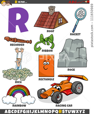 Letter R set with cartoon objects and characters 111650989