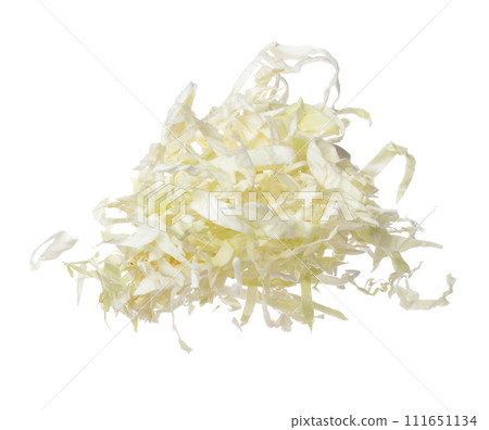 Cabbage fly in mid air, green fresh vegetable cabbage cut chop slice food. Organic fresh vegetable with eaten leaf of cabbage falling, close up texture. White background isolated freeze motion 111651134