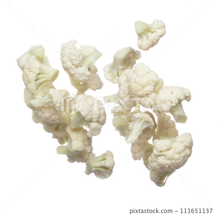 Cauliflower fly fall mid air, green fresh vegetable Cauliflower cut chop slice. Organic fresh vegetable Cauliflower, close up texture. White background isolated freeze motion high speed shutter Cauliflower fly fall mid air, green fresh vegetable Cauliflower cut chop slice. Organic fresh vegetable Cauliflower, close up texture. White background isolated freeze motion high speed shutter 111651137