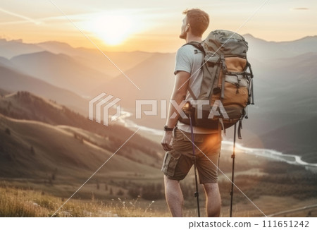 AI-generated content. A man hiking in the mountains during the sunset with a backpack 111651242