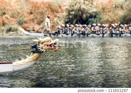 Close-up of a Dragon Boat head during Traditional Dragon Boat Racings Close-up of a Dragon Boat head during Traditional Dragon Boat Racings 111651297