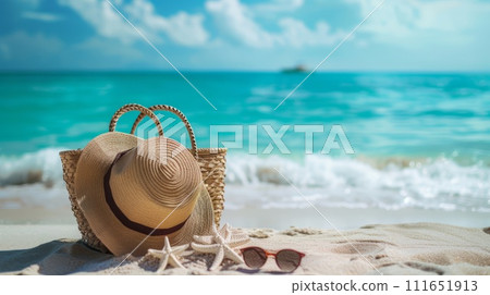 AI-generated content. Summer background with beach hat, sunglasses, starfish and beach bag on the seashore. AI-generated content. Summer background with beach hat, sunglasses, starfish and beach bag on the seashore. 111651913