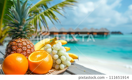 AI-generated content. Summer concept fresh fruits on the beach. AI-generated content. Summer concept fresh fruits on the beach. 111651914