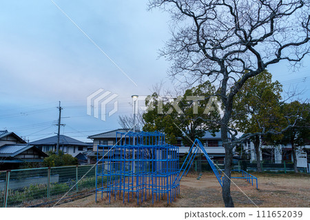 A cloudy morning in a park in Nara City in early spring. Jungle gym and street trees illuminated by street lamps. 111652039