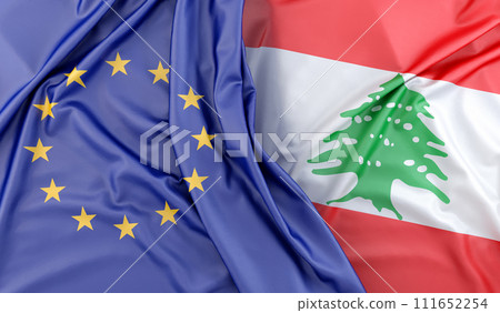 Ruffled Flags of European Union and Lebanon. 3D Rendering 111652254