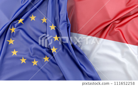 Ruffled Flags of European Union and Indonesia. 3D Rendering 111652258