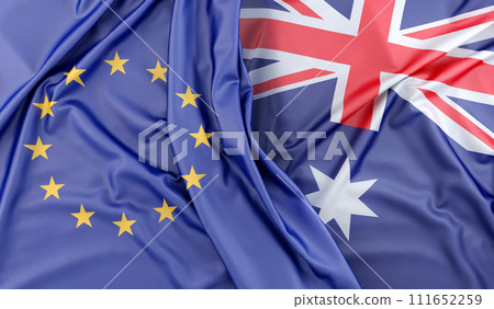 Ruffled Flags of European Union and Australia. 3D Rendering 111652259