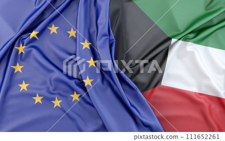 Ruffled Flags of European Union and Kuwait. 3D Rendering 111652261