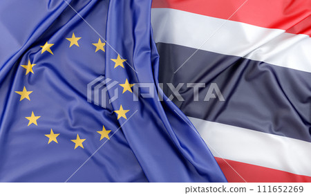 Ruffled Flags of European Union and Thailand. 3D Rendering 111652269