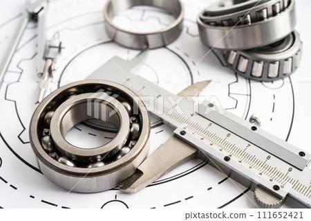 Engineering tools and mechanical industrial with vernier caliper and metal ball bering. 111652421