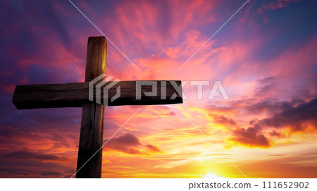 AI-generated content. Easter concept cross on Golgotha Calvary hill in sky against a dramatic sunset 111652902