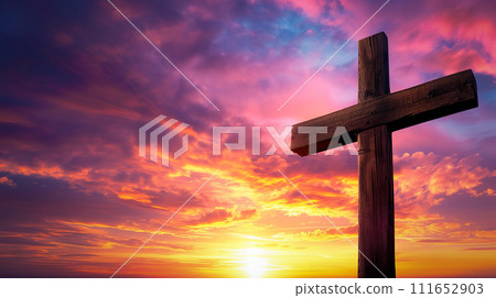 AI-generated content. Easter concept cross on Golgotha Calvary hill in sky against a dramatic sunset 111652903