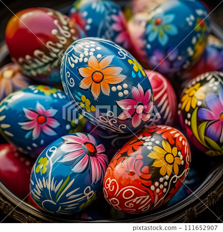 AI-generated content. Easter celebration, featuring close up of a collection of brightly colored eggs, each intricately painted with various patterns and designs, placed in a wicker basket AI-generated content. Easter celebration, featuring close up of a collection of brightly colored eggs, each intricately painted with various patterns and designs, placed in a wicker basket 111652907