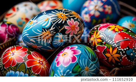 AI-generated content. Vibrant, hand-painted Easter eggs adorned with intricate floral patterns 111652910