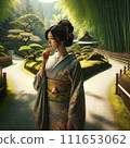 A woman in Japanese clothes gets lost at a fork in the road A woman in Japanese clothes gets lost at a fork in the road 111653062