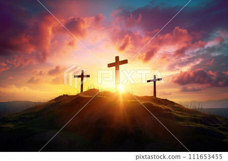 Three Crosses on Calvary Hill Dramatic Sunset at Golgotha Three Crosses on Calvary Hill Dramatic Sunset at Golgotha 111653455