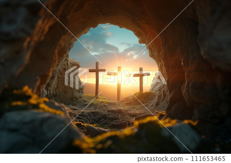 Dramatic Sunset at Golgotha - Three Crosses on Calvary Hill 111653465