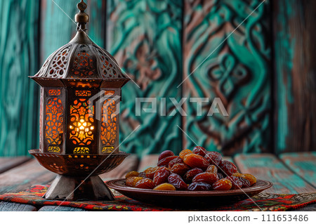 Ramadan Lantern and plate of Figs 111653486
