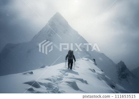 Lone Mountaineer Alpinist Approaching Snowy Peak 111653515