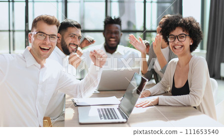 Smiling professional business leaders and employees group team portrait 111653540