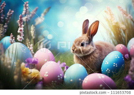 Easter Bunny with Colorful Eggs on Sunny Spring... - Stock Illustration ...
