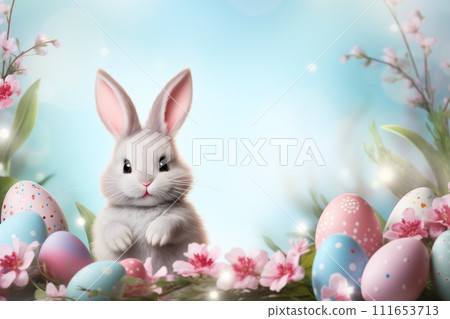 Easter Bunny with Colorful Eggs on Sunny Spring Day 111653713