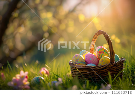 Colorful Easter Eggs in a Basket on a Sunny Day in forest park on grass 111653718