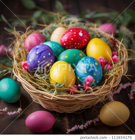 Colorful Hand-Painted Easter Eggs in a Wicker Basket 111654170