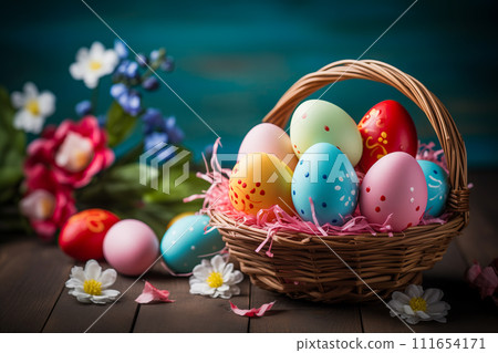 Colorful Hand-Painted Easter Eggs in a Wicker Basket 111654171