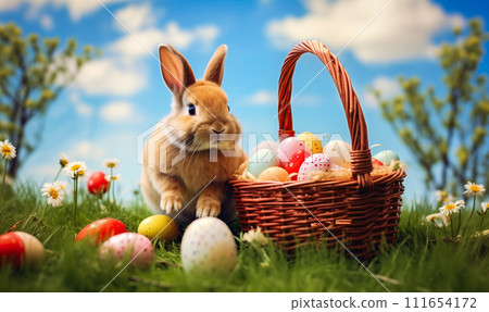 Easter Bunny with Colorful Eggs in a Basket on Sunny Spring Day 111654172