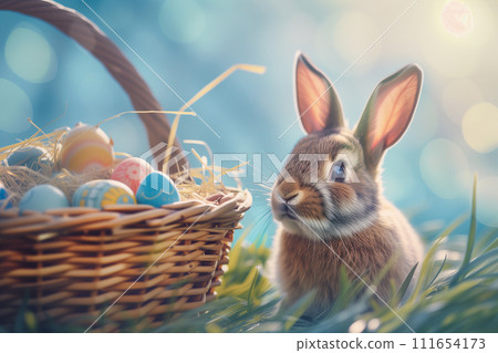 Easter Bunny with Colorful Eggs in a Basket on... - Stock Illustration ...