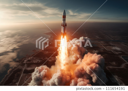 Aerial view of rocket launch at sunrise over ocean coast Aerial view of rocket launch at sunrise over ocean coast 111654191