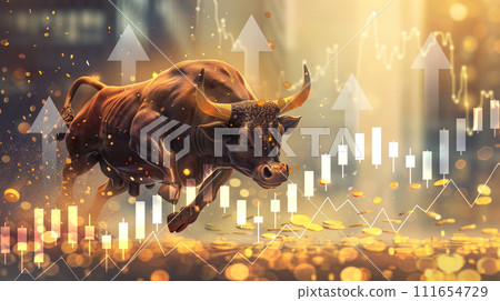 bull leaping with golden coins. bullish market symbol with candlestick stock price graph uptrend and arrow up 111654729