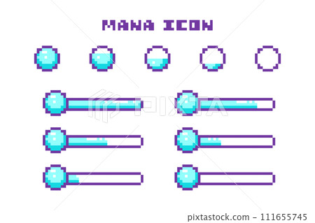 Pixel Art Game Mana Bar Progress and Mana Ball Icons Set. 8 Bit Retro Computer Video Game UI HUD Light Blue Elements For Status Indicator and Animation.  111655745