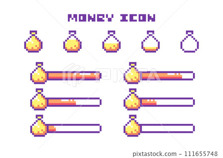 Pixel Art Game Money Bar Progress and Bag of Gold Icons Set. 8 Bit Retro Computer Video Game UI HUD Orange Elements For Status Indicator and Animation.  111655748