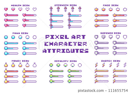 Retro Pixel Art Game UI: Health, Energy, Mana Bars, Bars Progress, 8-bit Arcade Style, Defense, Money Indicator, HUD Elements, Yellow, Green, Blue, Red Vector Status, Animation Set for 8 Bit Design. 111655754