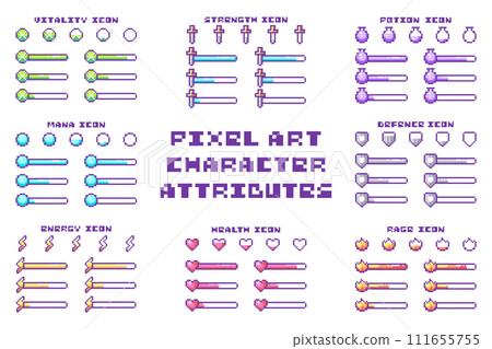 Pixel Art Y2K Character Attributes Set. 8bit Heath Bar, Mana Bar, and also Bars of Energy, Armor, Vitality, Rage, Strength, and Loading. Pixel Retro Game UI Elements, Icons, Symbols, Signs and Assets 111655755
