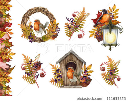 Autumn vintage style decoration set. Watercolor illustration. Hand drawn autumn decor element set. Thanksgiving wreath, birds, fallen leaves, berries, border festive collection. White background Autumn vintage style decoration set. Watercolor illustration. Hand drawn autumn decor element set. Thanksgiving wreath, birds, fallen leaves, berries, border festive collection. White background 111655853