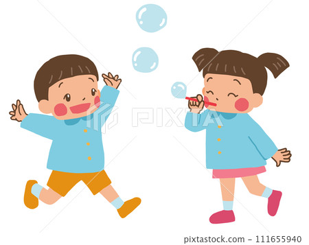 Children playing with soap bubbles Children playing with soap bubbles 111655940